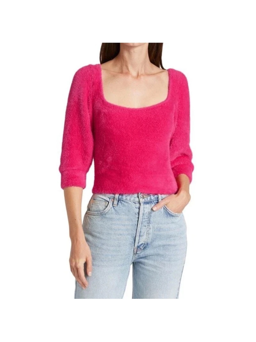 Free People Moonbeam Cropped Sweater Womens Size Med Raspberry Soft Fuzzy